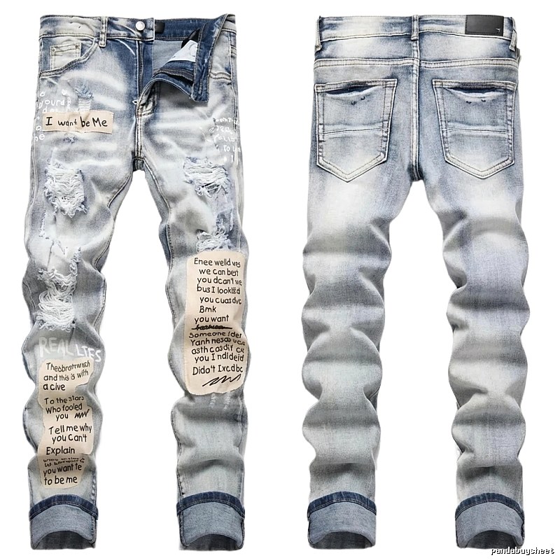 AMIRI light blue jeans with a hole - in - the - wind style