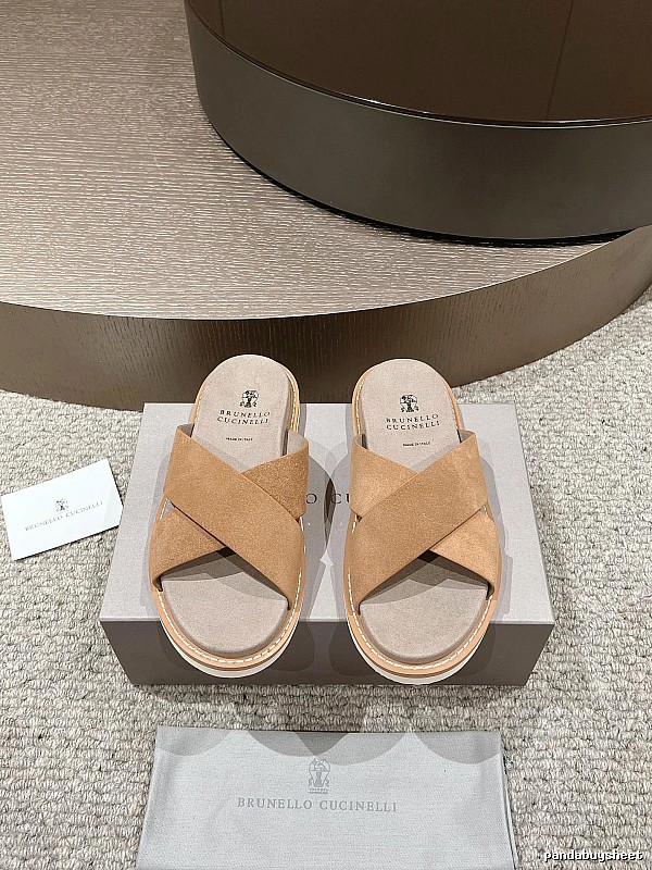 Brunello Cucinelli Casual-style Camel Cross-strap Slide Sandals