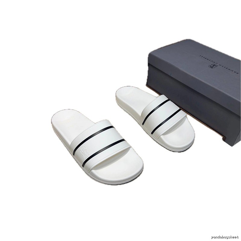 Brunello Cucinelli Minimalist Style Striped White Slippers