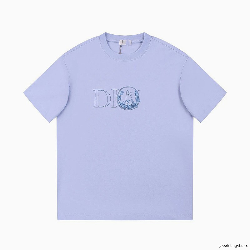 Dior Cat-Embroidered Casual Light Purple Short-sleeve T-Shirt