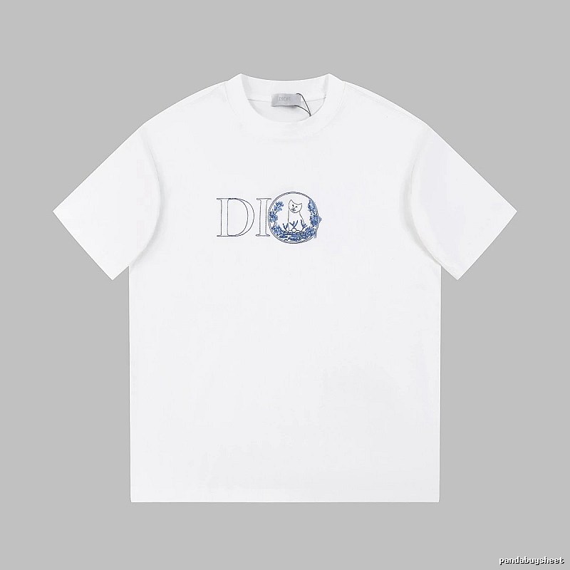 Dior Cat-Embroidered Light Luxury Style White Short-sleeve T-shirt