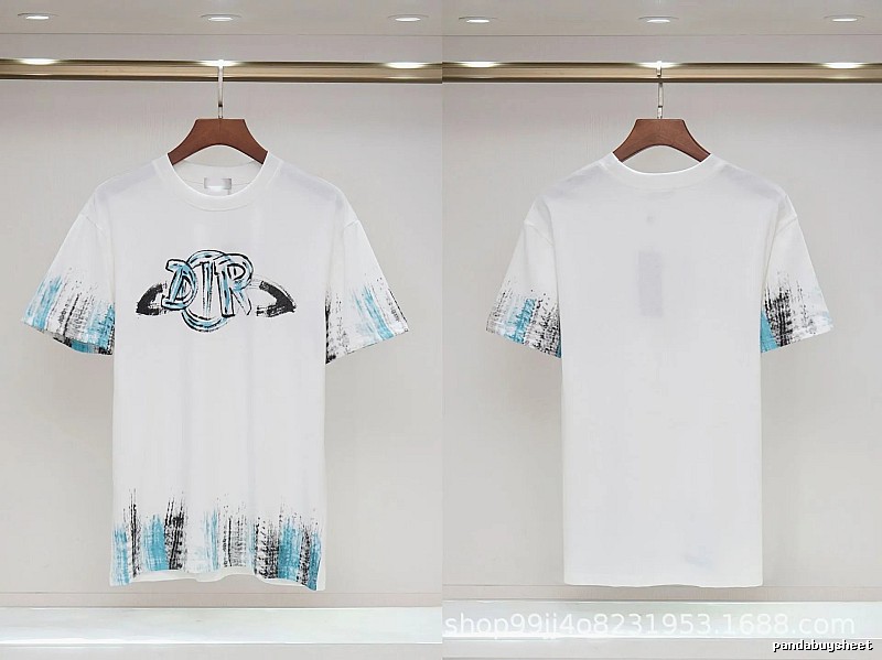 Dior Graffiti Collection Street Style White and Blue Short-sleeve T-shirt