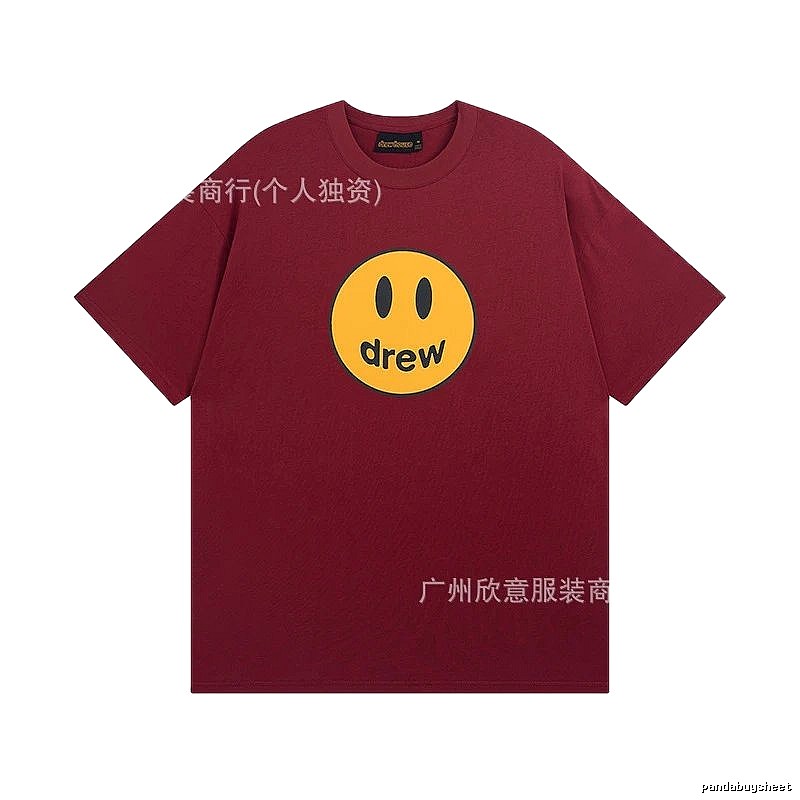 DREW Smiley Face Streetwear Style Burgundy Short Sleeve T-Shirt