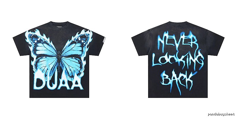 DUAA Butterfly Print Street Style Black and Blue Short-sleeved T-shirt