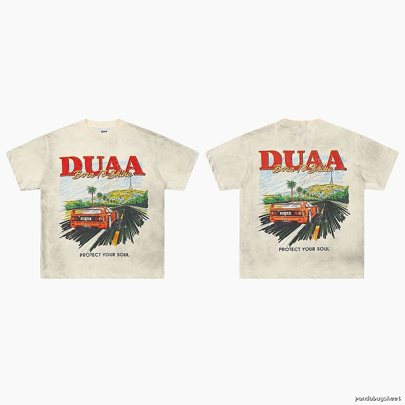 DUAA Sports Car Print American Retro Off-white Short Sleeve T-Shirt