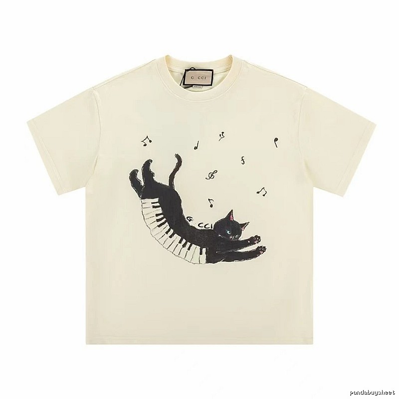 Gucci Artistic Style Cat Print Off-white Short-sleeve T-shirt