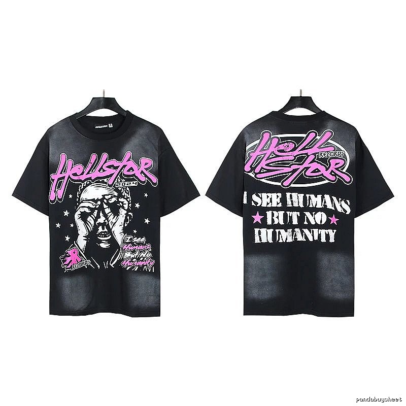Hellstar Portrait Print Street Style Black and Pink Short-sleeve T-shirt