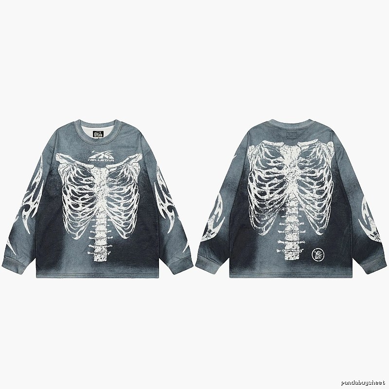 Hellstar Skull Print Street Style Vintage Grey Long Sleeve T-shirt