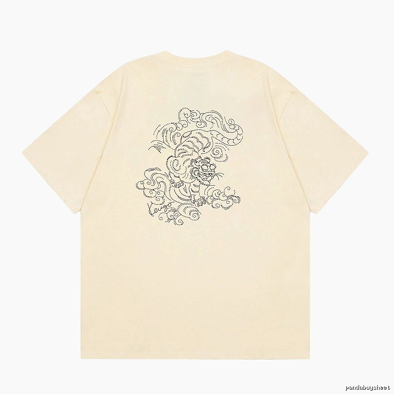 KENZO Auspicious Cloud Tiger Embroidery Chinese Style Beige Apricot Short Sleeve T-Shirt