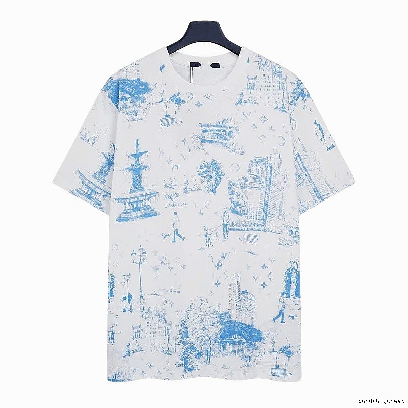 Louis Vuitton City Print Casual Style White and Blue T-Shirt