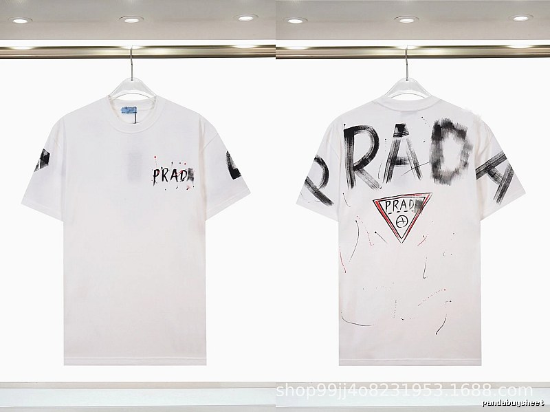 Prada Triangle Logo Graffiti Street Style White Short-sleeve T-shirt