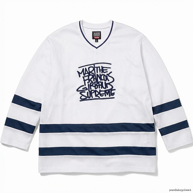 Supreme graffiti-style white and blue jersey