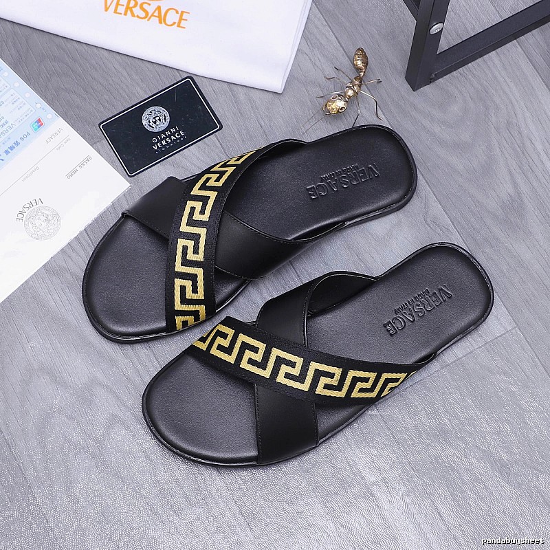 Versace Greek Key Luxury Style Black and Gold Slide Sandals