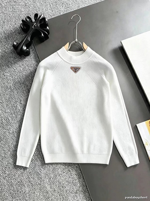 White Crewneck Knit Sweater with Prada Crewneck Sweater with Zip Detail
